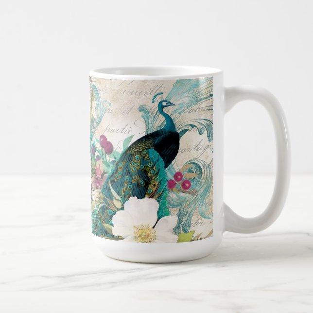 Mug Paon et fleurs illustrés antiques grunge (Droite)
