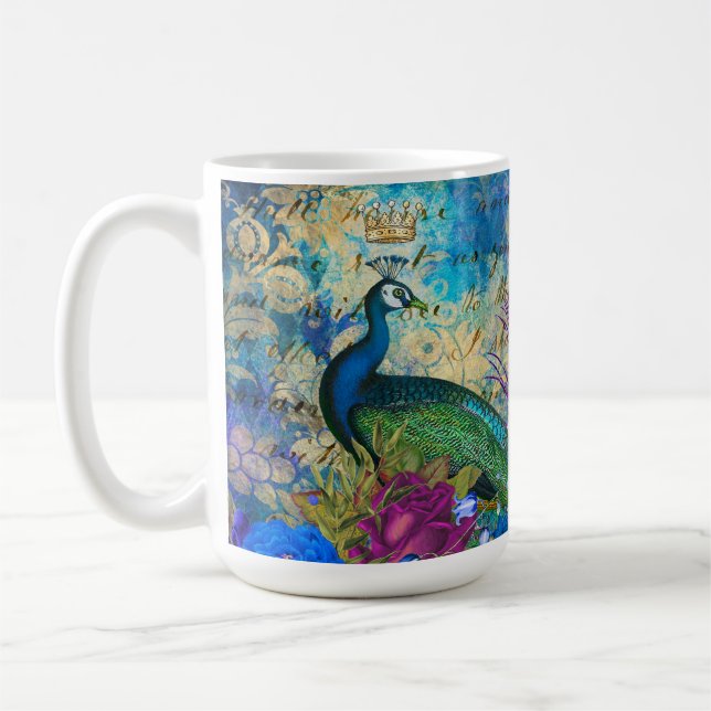 Mug Paon et fleurs illustrés antiques grunge (Gauche)