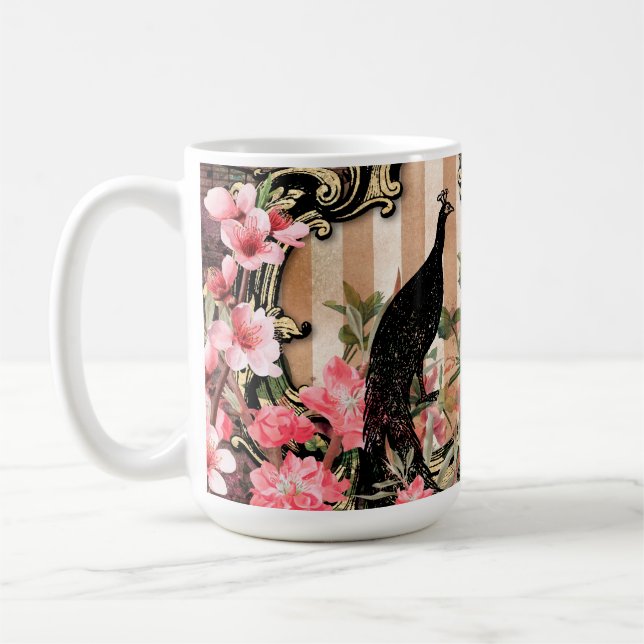 Mug Paon et fleurs illustrés de style antique grunge (Gauche)