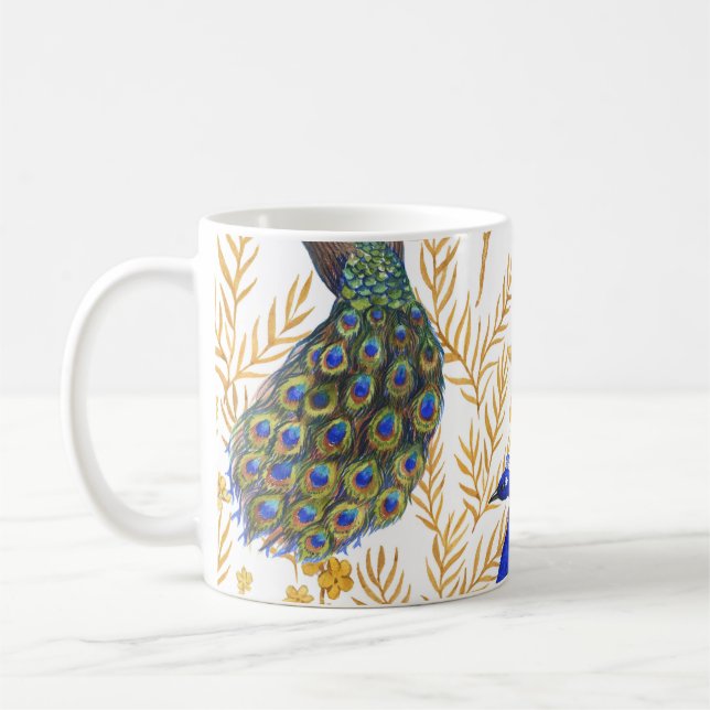 Mug paons chinois, sakura doré, aquarelle. (Gauche)