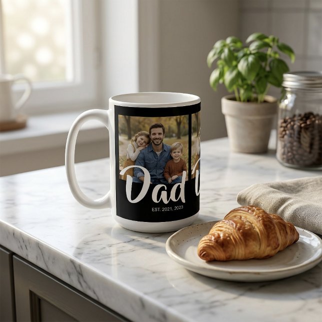 Mug Papa a établi un script noir 3 Photo (Dad Established Script Black 3 Photo Coffee Mug)