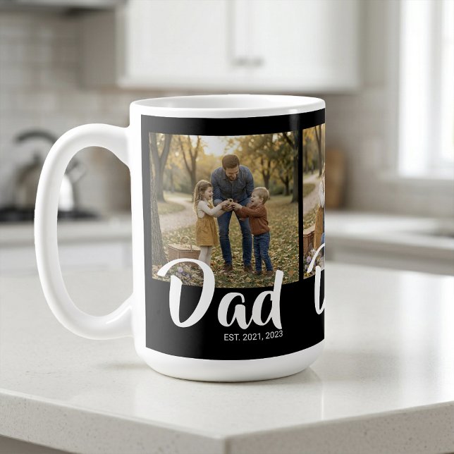 Mug Papa a établi un script noir 3 Photo (Dad Established Script Black 3 Photo Coffee Mug)