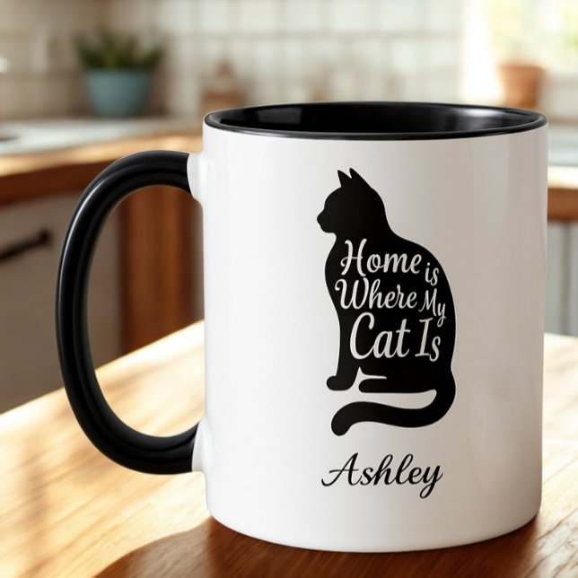 Mug Papa Chat La Maison Est Là Où Est Mon Chat Silhoue (Home is where my cat is silhouette mug — cozy birthday gift idea for feline pet parents.)