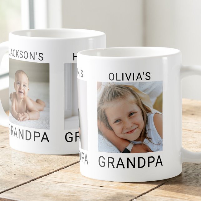 Mug Papapa avec 3 photos de petits-enfants en typograp (Modern Black Typography Grandkids 3 Photo Grandpa Coffee Mug)