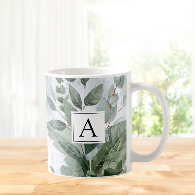 Mug Papeterie aquarelle rustique de verdure avec monog (In situ Kitchen table)
