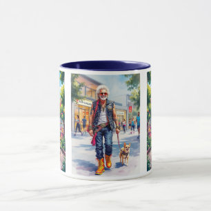 Mug Papi rocker cool promène tranquillement son chien.