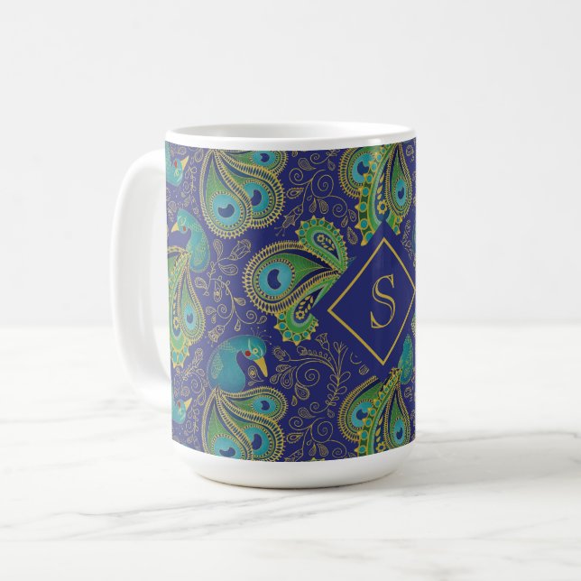 Mug Papier Peacock Royal Bleu Monogramme (Devant gauche)