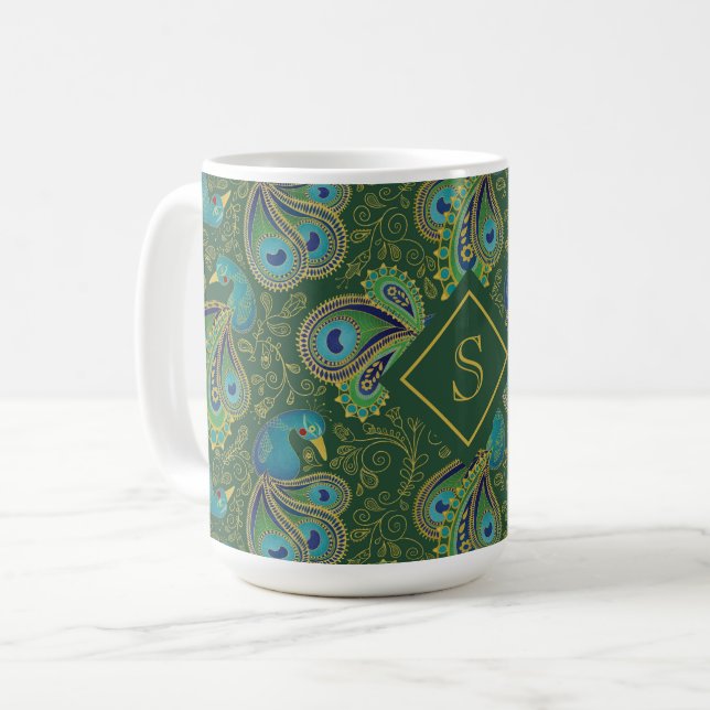 Mug Papier Peint Paon Royal Vert Monogramme (Devant gauche)