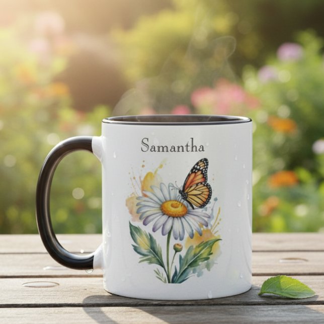 Mug Papillon à l'aquarelle sur fleur de marguerite flo (Monarch butterfly and daisy personalized coffee mug)