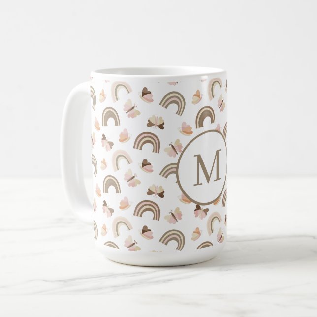 Mug Papillon arc-en-ciel moderne blanc et rose  (Devant gauche)