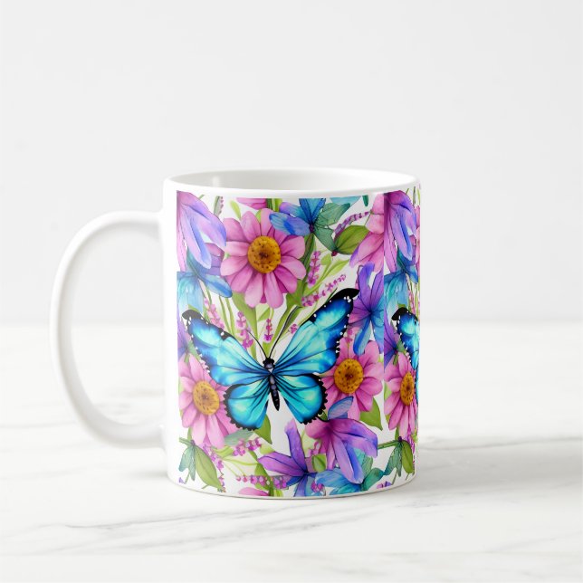 Mug Papillon bleu dans un champ de fleurs (Gauche)