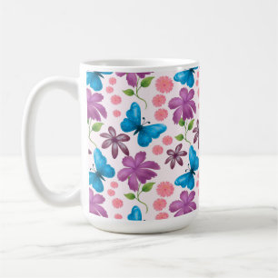 Mug Papillon bleu et motif floral violet