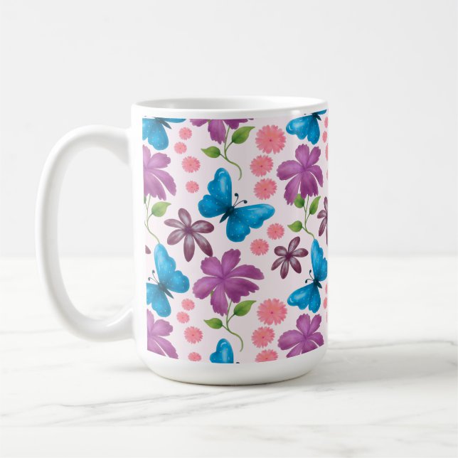 Mug Papillon bleu et motif floral violet (Gauche)