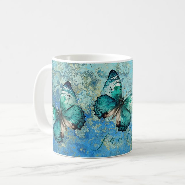 Mug Papillon bleu et vert romantique (Devant gauche)