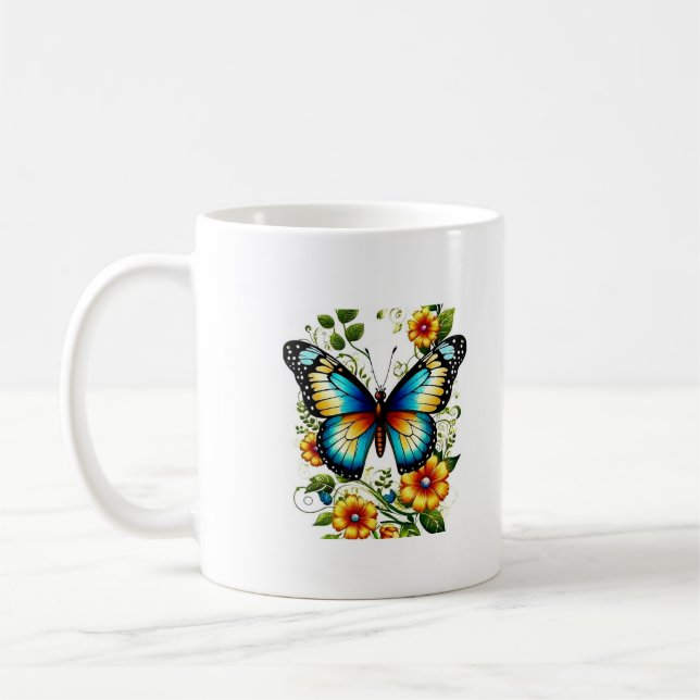 Mug Papillon Bleu & Fleurs Colorées – Élégance Flo (Gauche)