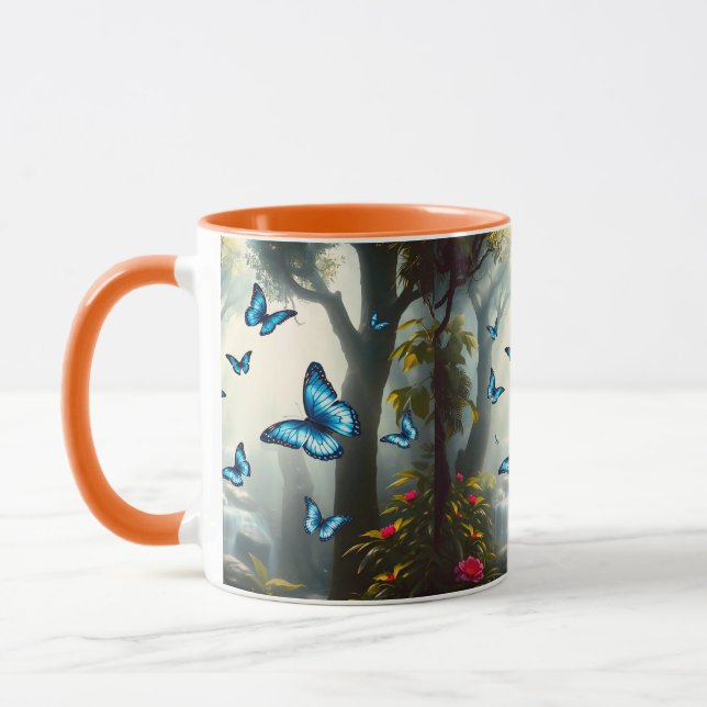 Mug Papillon bleu morpho dans la forêt tropicale (Gauche)