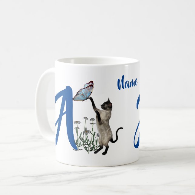 Mug Papillon de chat siamois monogramme initial A nom (Devant gauche)