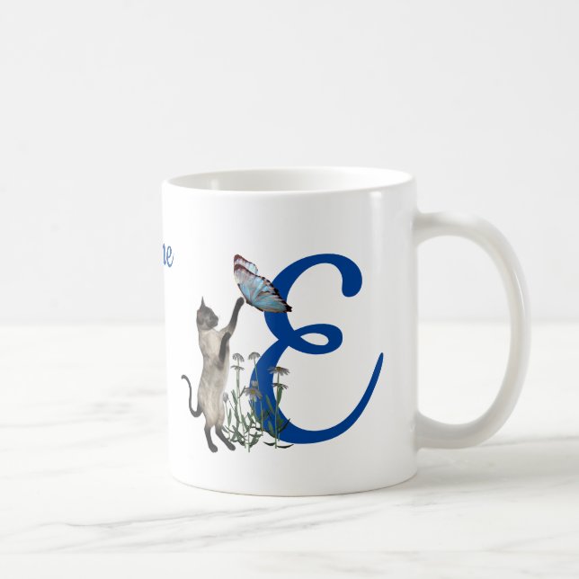 Mug Papillon de chat siamois monogramme initial E nom (Droite)