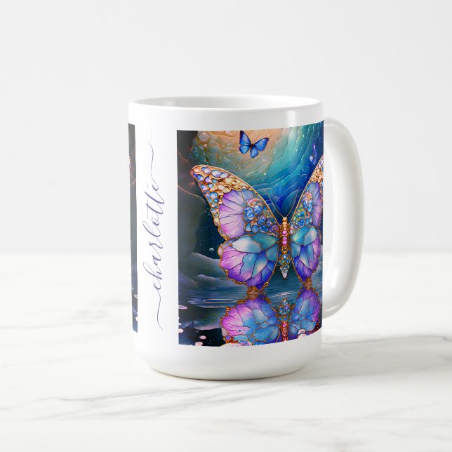 Mug Papillon de nom personnalisé bleu violet Cadeau po (Devant droit)