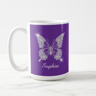 Mug Papillon Diamant Blanc, Nom de Script, Violet