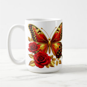Mug Papillon doré avec des roses rouges et des feuille