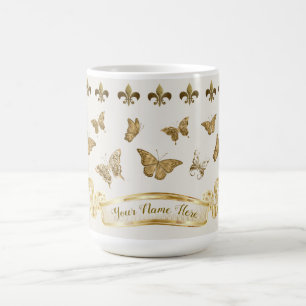 Mug Papillon doré personnalisé Fleur de Lis 15 oz