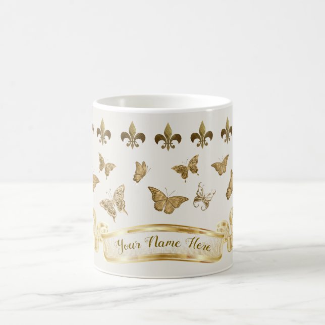 Mug Papillon doré personnalisé Fleur de Lis 325 g (Centre)
