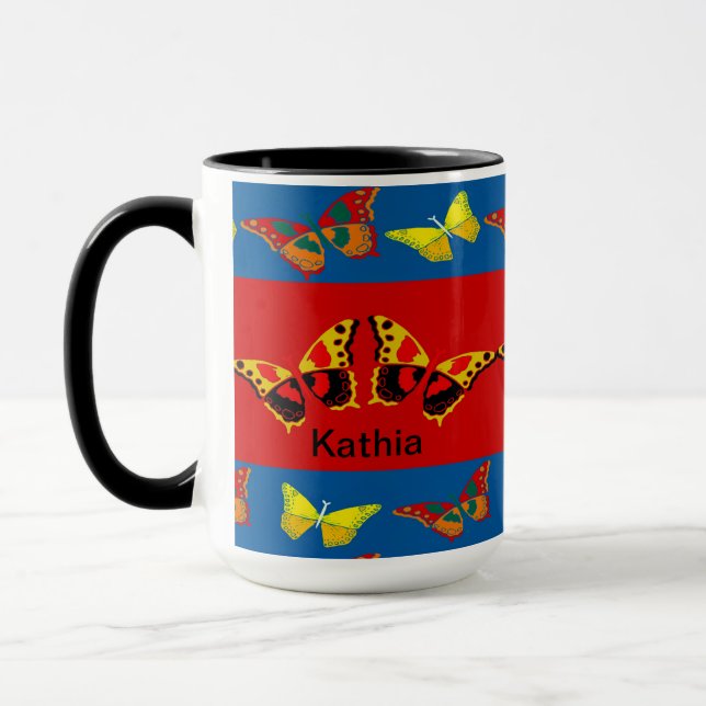 Mug papillon en bleu, jaune et rouge (Gauche)