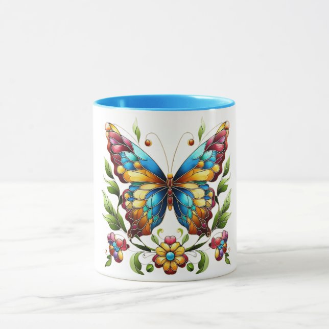 Mug Papillon en vitrail coloré avec fleurs (Centre)