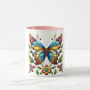 Mug Papillon en vitrail coloré avec fleurs