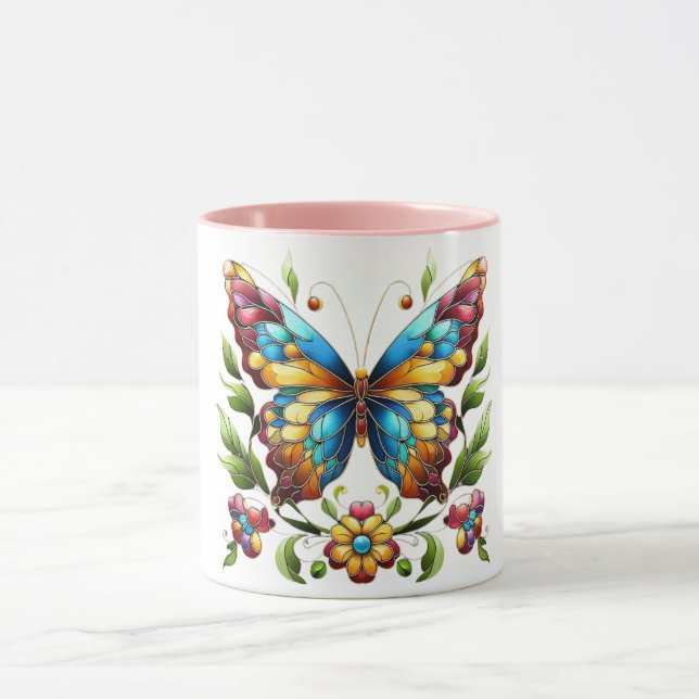 Mug Papillon en vitrail coloré avec fleurs (Centre)