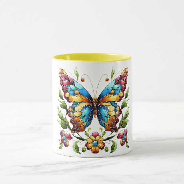 Mug Papillon en vitrail coloré avec fleurs (Centre)