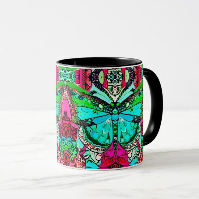 Mug Papillon et Motif Batik de Médaillon en Turquoise (Devant droit)