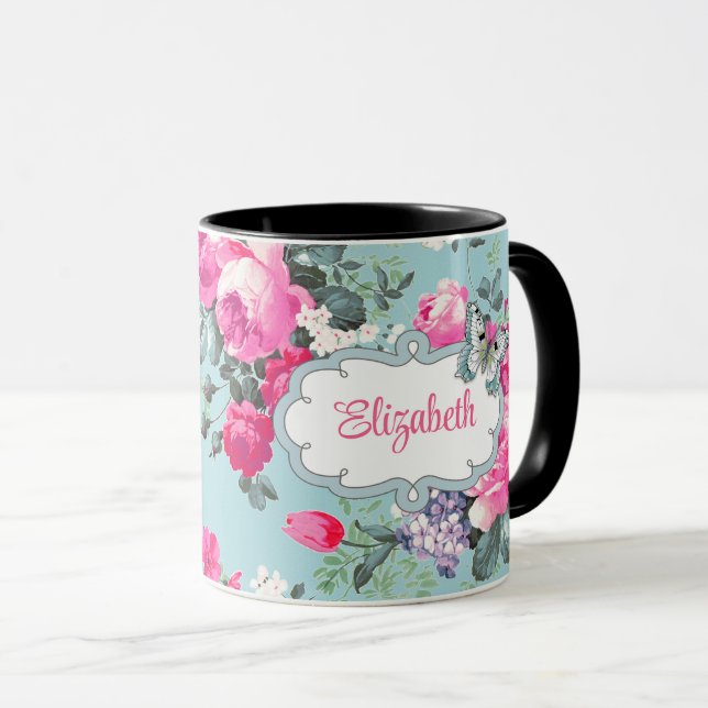 Mug Papillon et Rose | Nom personnalisé Fête des mères (Devant droit)