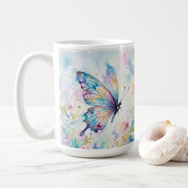 Mug Papillon Floral Aquarelle Coloré (Avec donut)