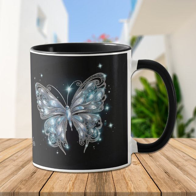 Mug Papillon Imaginaire bleu argenté sur noir (Créateur téléchargé)