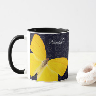 Mug Papillon jaune élégant Damassé noir Ajouter un nom