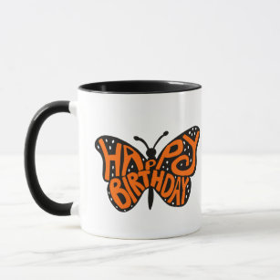 Mug Papillon Monarque Noir et Orange Joyeux Anniversai