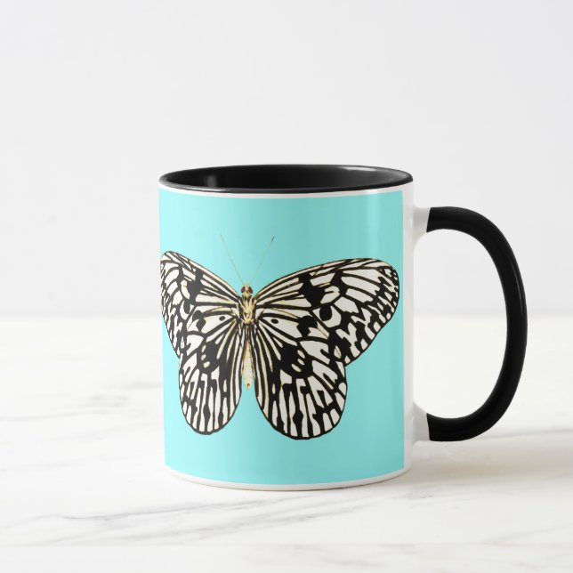 Mug Papillon noir et blanc, arrière - plan turquoise (Droite)
