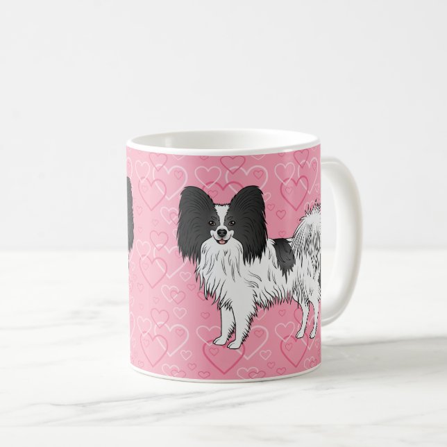 Mug Papillon noir et blanc Chien mignon sur des coeurs (Devant droit)