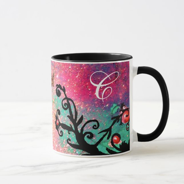 MUG PAPILLON PINK SPARKLES, MONOGRAMME FLEURALE NOIRE, (Droite)