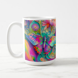 Mug Papillon psychédélique coloré et fleurs