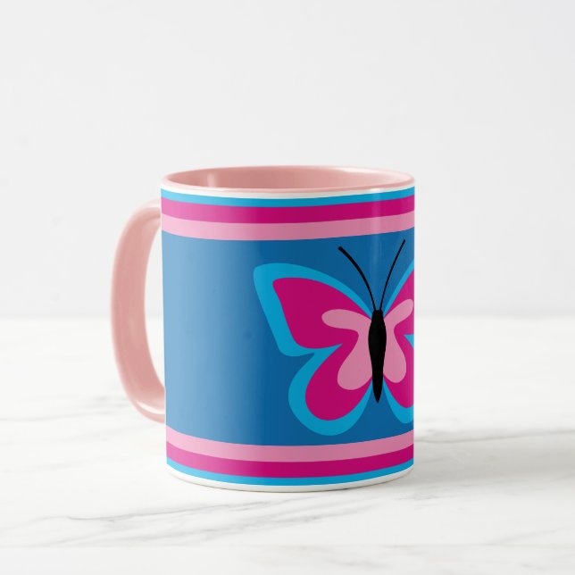 Mug Papillon rose bleu - Arrière - plan bleu - (Devant gauche)