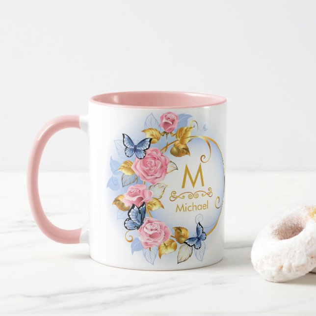 Mug Papillon & Rose Rose Monogramme I Initiale Or (Avec donut)
