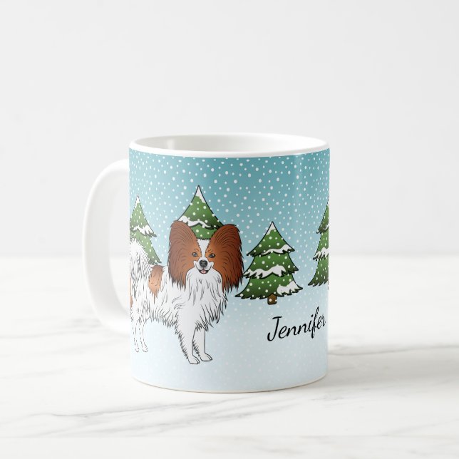 Mug Papillon Rouge Et Blanc Mignon Chien Dans La Forêt (Devant gauche)