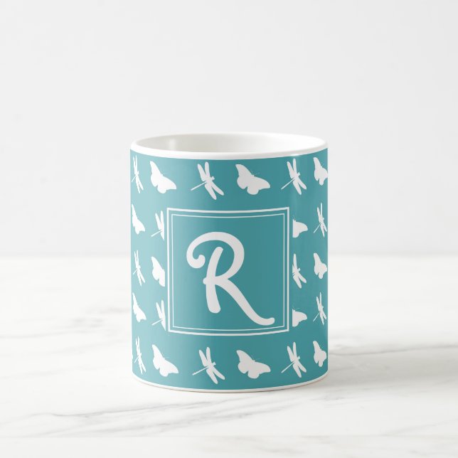 Mug Papillon sarcelle et motif monogramme libellule (Centre)