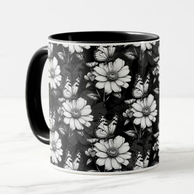 Mug Papillon sur Motif à fleurs - Noir (Créateur téléchargé)
