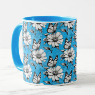 Mug Papillon sur Motif de fleurs Design bleu