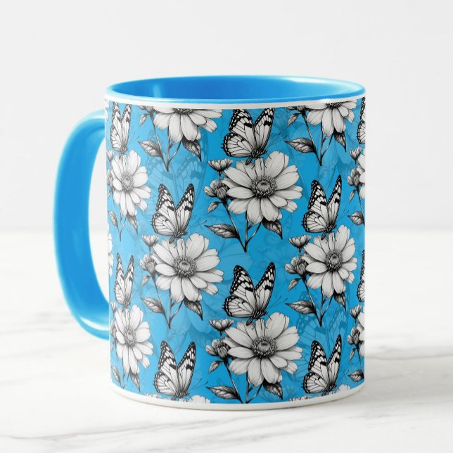 Mug Papillon sur Motif de fleurs Design bleu (Créateur téléchargé)
