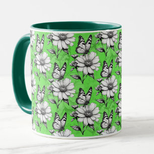 Mug Papillon sur Motif de fleurs Design vert